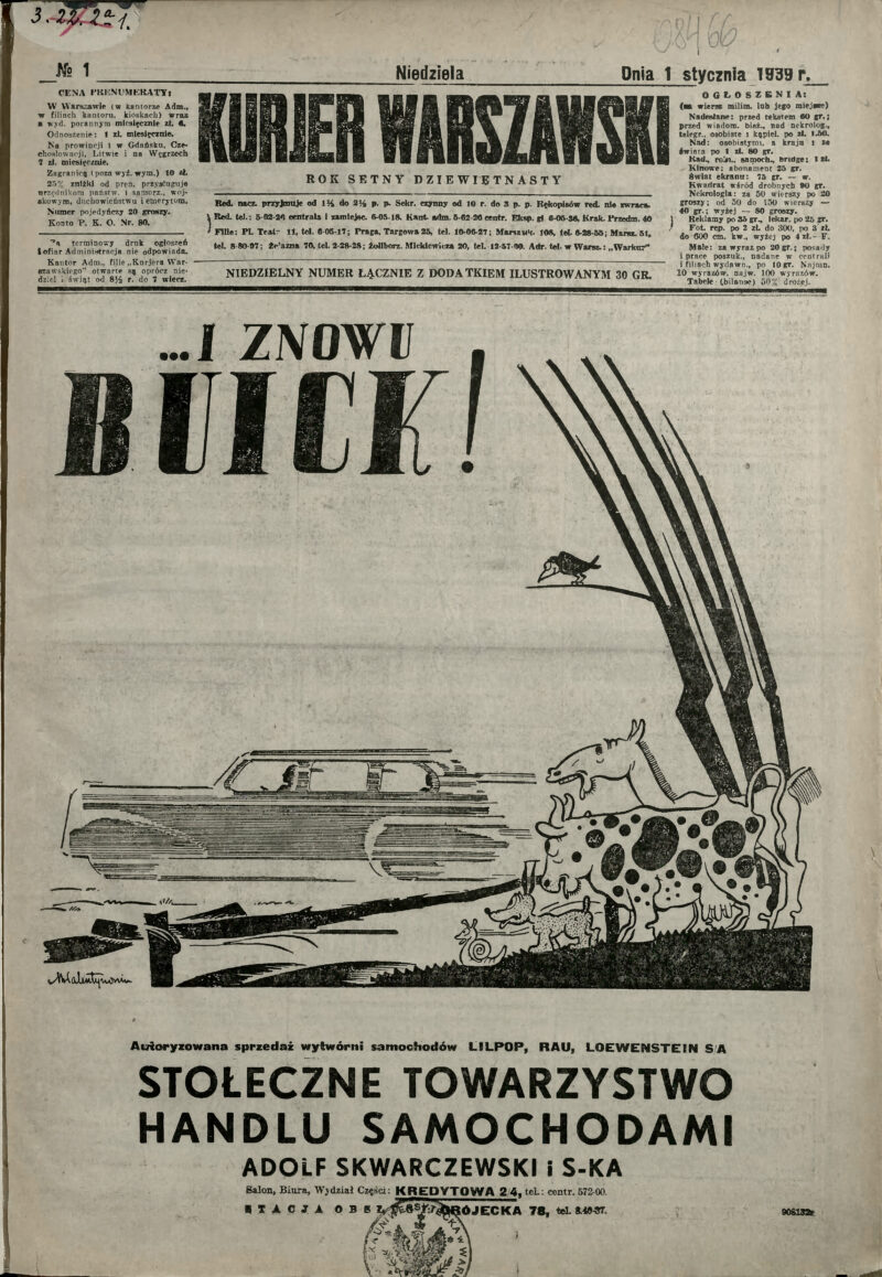 Reklama Stołecznego Przedsiębiorstwa Handlu Samochodami Adolf Skwarczewski & S-ka , autorstwa Mariana Walentynowicza. („Kurier Warszawski”, 1929 r.) Fot. BUW