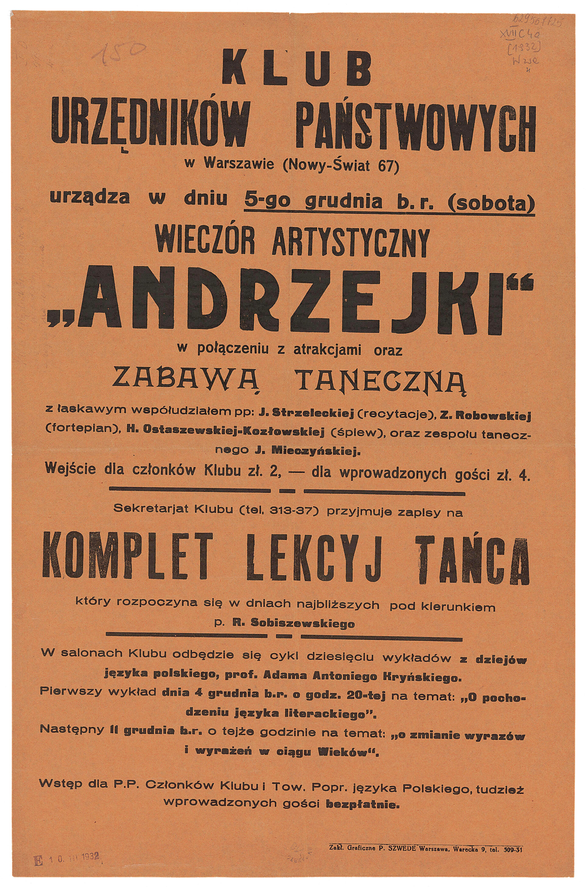 Przedwojenny afisz Klubu Urzędnik&oacute;w Państwowych &ndash; zaproszenie na Andrzejki
