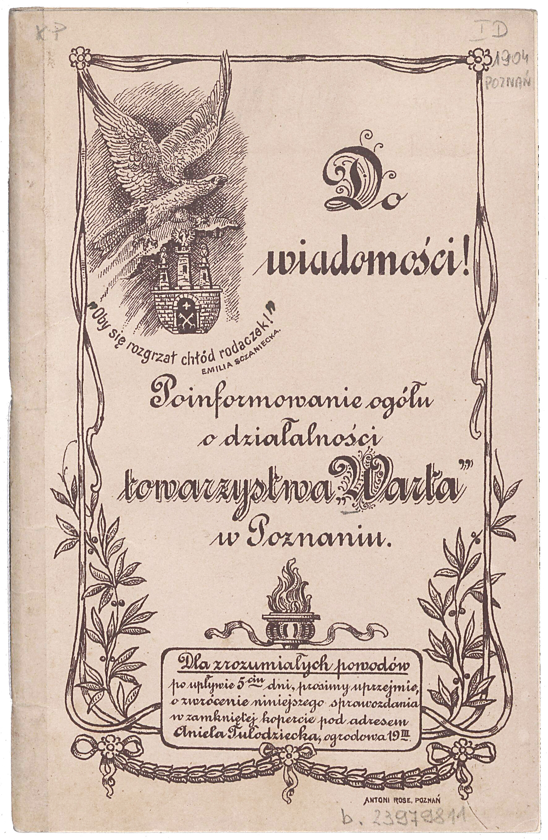 Druk ulotny - &bdquo;Poinformowanie og&oacute;łu o działalności towarzystwa Warta" w Poznaniu&rdquo;, 1904 r.