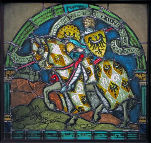 Henryk Probus na koniu, witraż ze schroniska na Ślęży – ze zbiorów Muzeum Architektury we Wrocławiu
