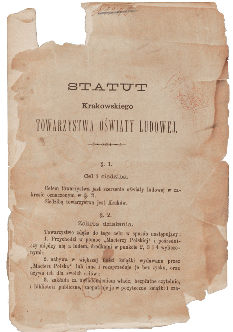 - Statut Krakowskiego Towarzystwa Oświaty Ludowej - - e21011c3-77f0-401a-a587-11cc78eaffaa___OBR Statut Krakowskiego Towarzystwa Oświaty Ludowej, 1882 r.