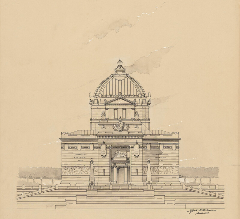 Skjold Neckelmann, &bdquo;Ruhmeshalle und Kaiser-Friedrich-Museum (Oberlausitzer Gedenkhal&rdquo; /&bdquo;Galeria Sław i Muzeum Cesarza Friedricha (G&oacute;rnołużycka Izba Pamięci)&rdquo;/, G&ouml;rlitz. Tusz, akwarela, na tekturze