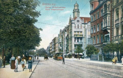Breslau. Dawna Kaiser Wilhelmstraße (dziś ulica Powstańców Śląskich) na przedwojennej pocztówce
