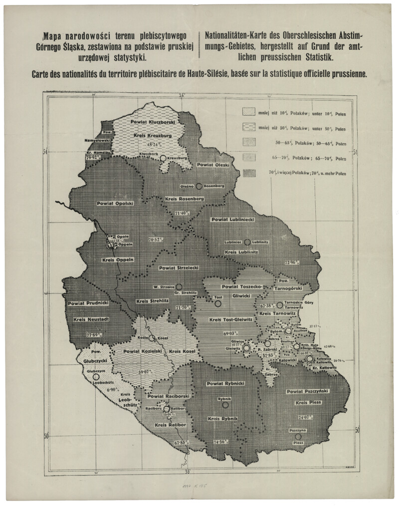 Mapa narodowości terenu plebiscytowego G&oacute;rnego Śląska, 1920 r.