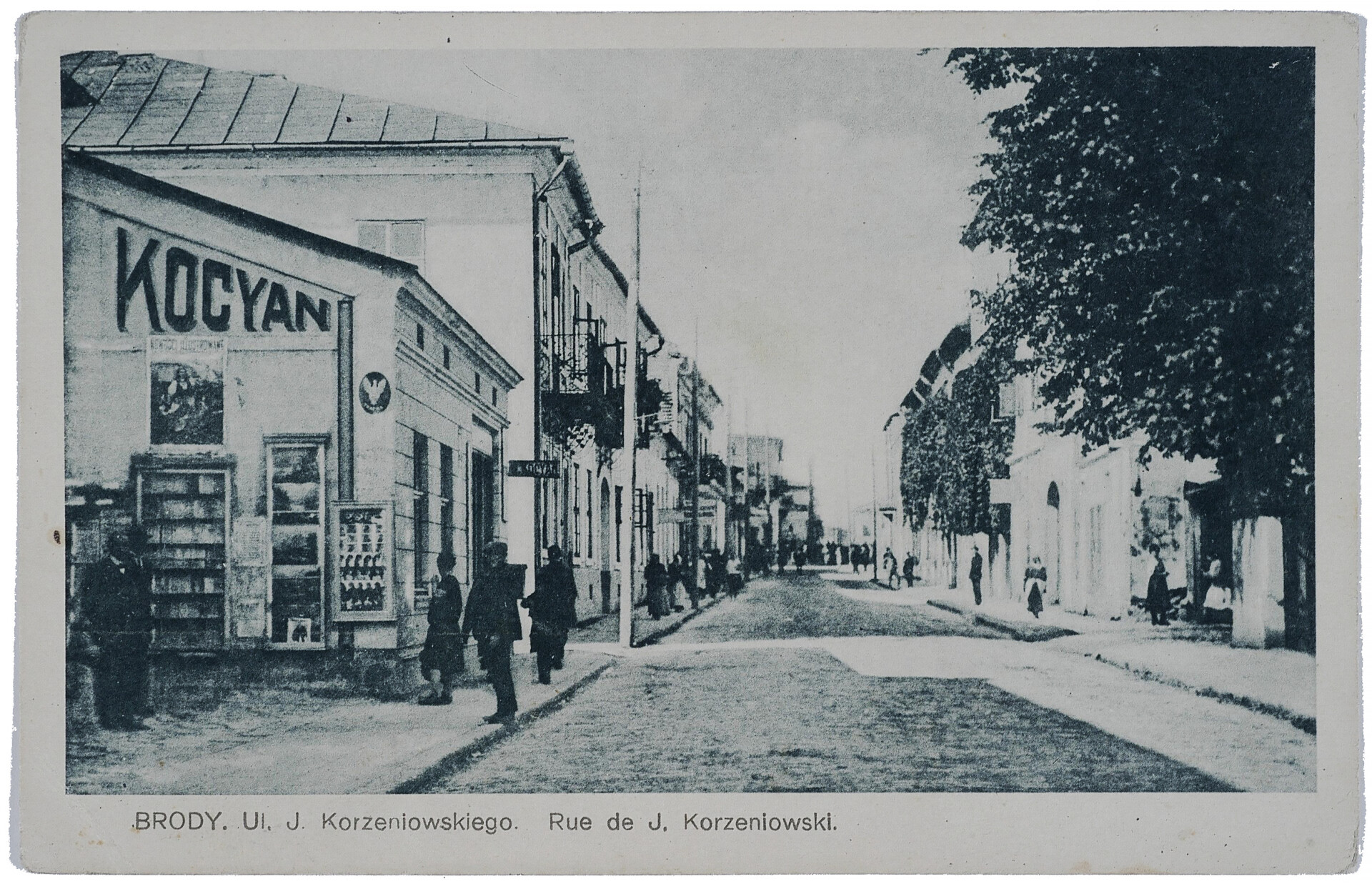 Brody, ul. Korzeniowskiego (obecnie Wasyla Stusa) na poczt&oacute;wce wydanej nakładem Władysława Kocyana, 1925 r.