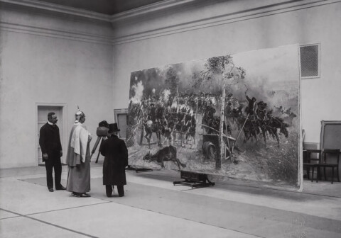 Cesarza Wilhelm II wizytuje berlińskie atelier Wojciecha Kossaka, 1899 r.