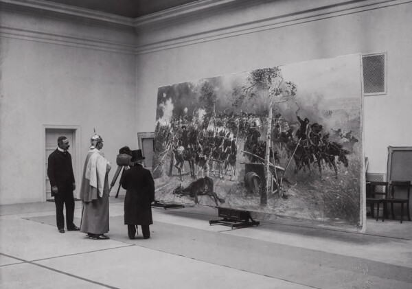Cesarza Wilhelm II wizytuje berlińskie atelier Wojciecha Kossaka, 1899 r.