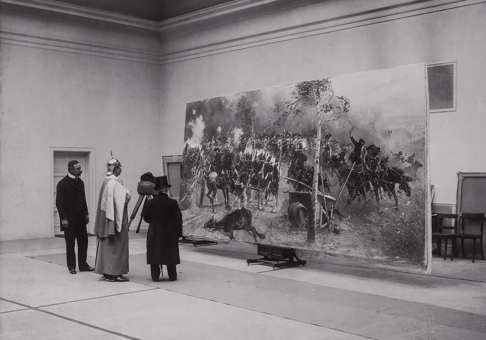 Cesarza Wilhelm II wizytuje berlińskie atelier Wojciecha Kossaka, 1899 r.