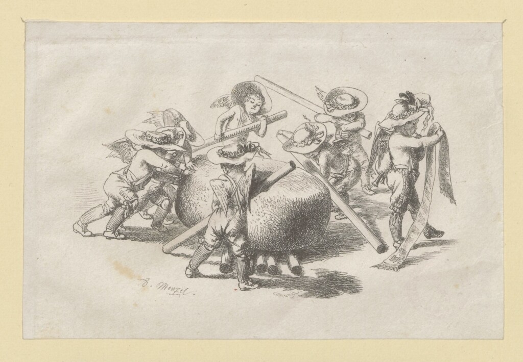 Otto Vogel według Adolpha Menzla
„Osiem puttów toczących ser szwajcarski”, 1846–1857 r., drzeworyt sztorcowy, papier, Muzeum Narodowe w Warszawie