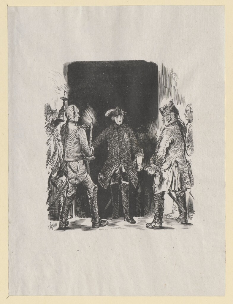 Friedrich Unzelmann według Adolpha Menzla, „Fryderyk II na zamku w Leśnicy”, 1840–1842 r., drzeworyt sztorcowy, papier, Muzeum Narodowe w Warszawie